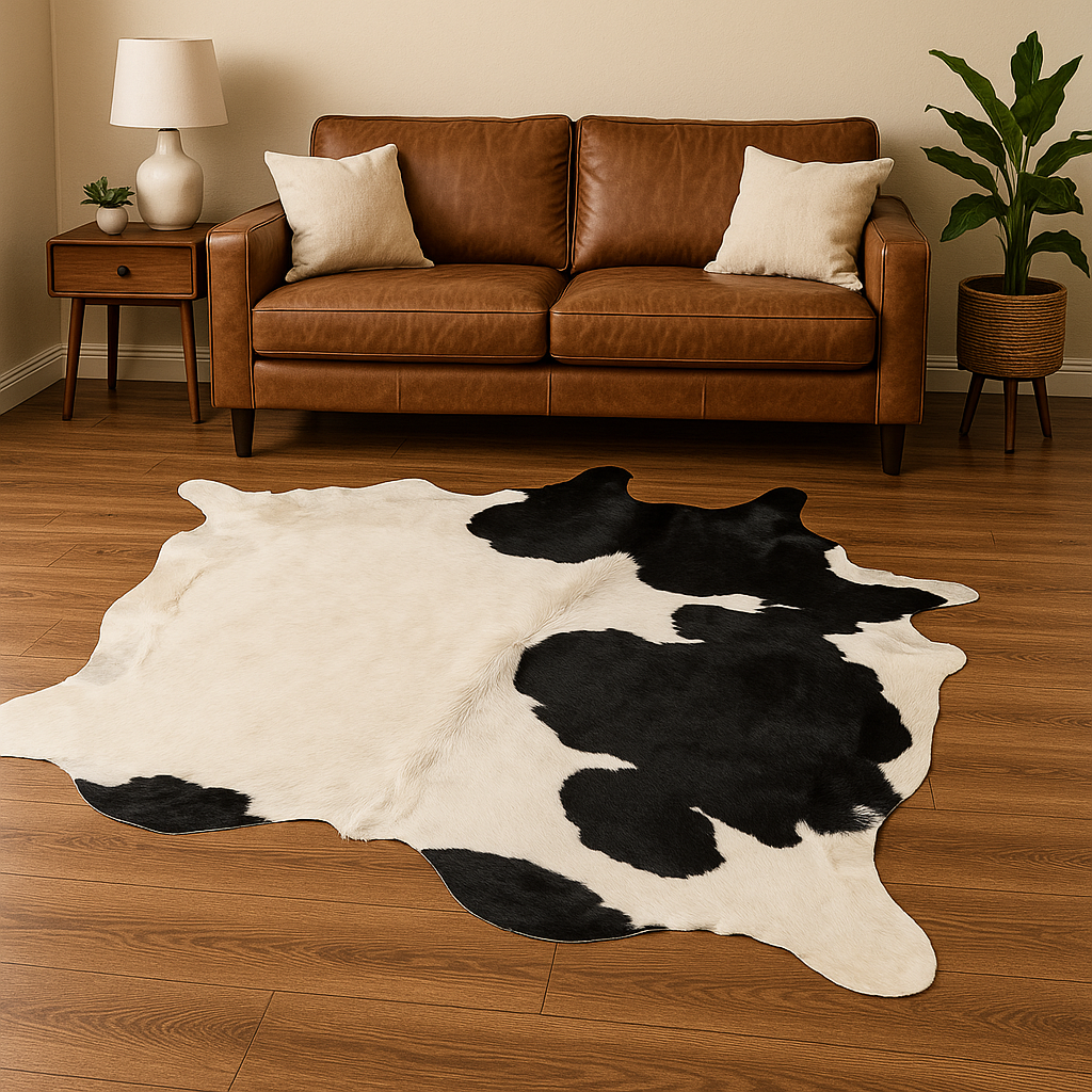 White & Black Cowhide Rug – Genuine Hair-On Leather (25–30 sq. ft.) by Qadam