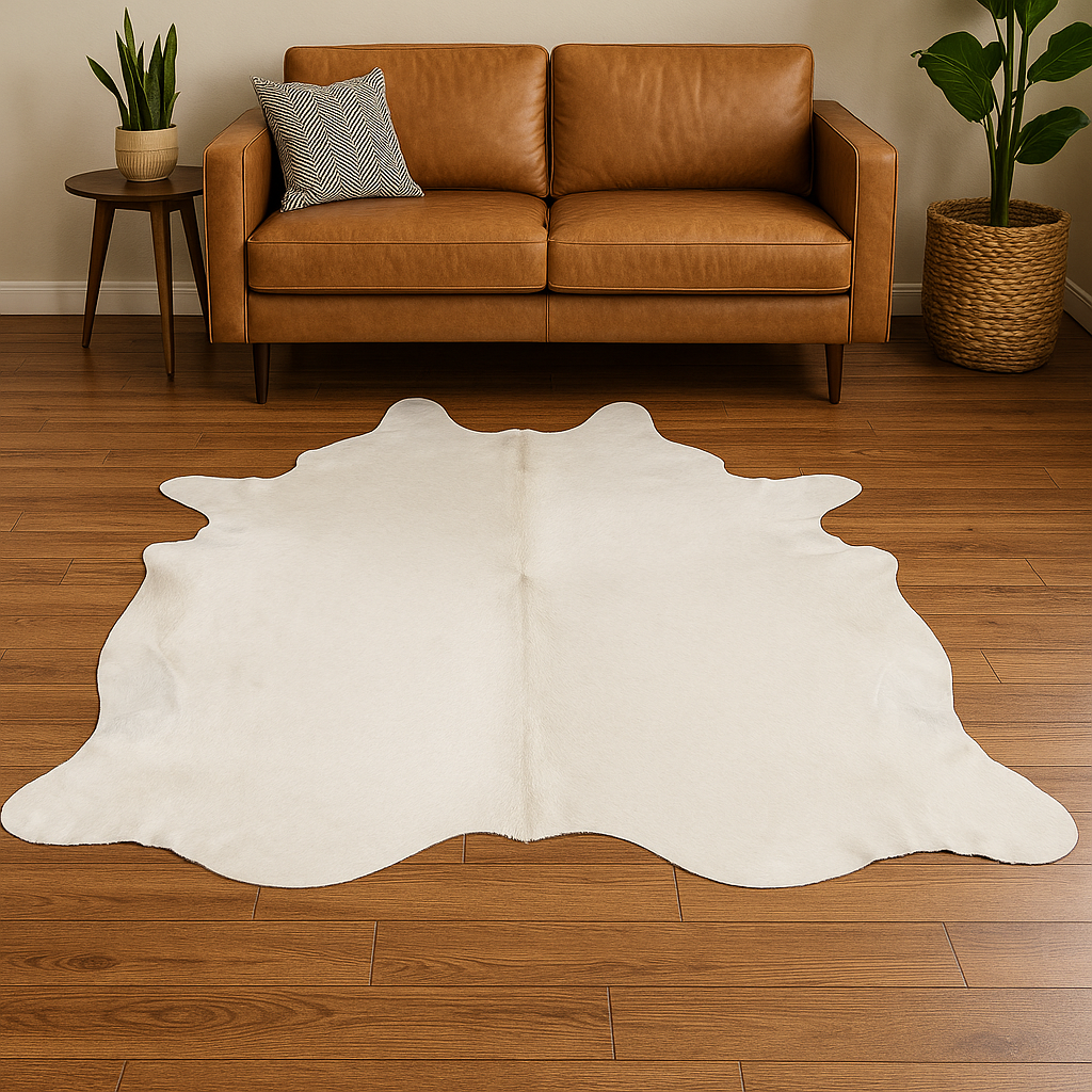 White Plain Cowhide Rug – Minimalist Genuine Leather Elegance (25–30 sq. ft.)