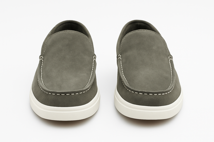 Pair of gray loafers on a white background