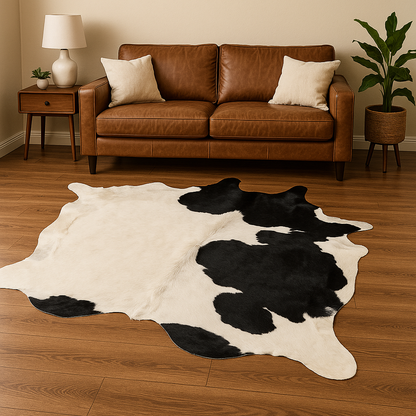 White & Black Cowhide Rug – Genuine Hair-On Leather (25–30 sq. ft.) by Qadam