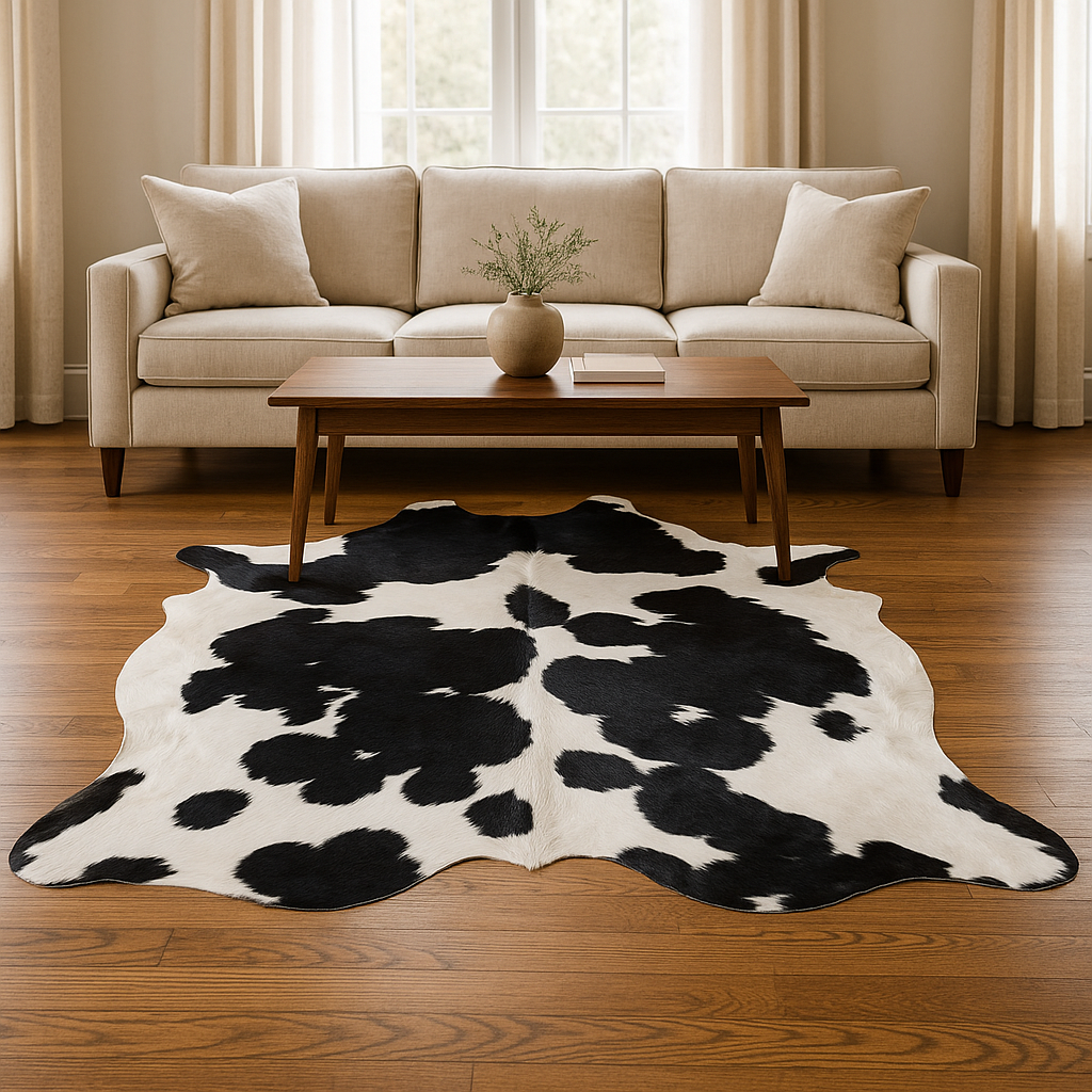White & Black Cowhide Rug – Genuine Hair-On Leather (25–30 sq. ft.) by Qadam