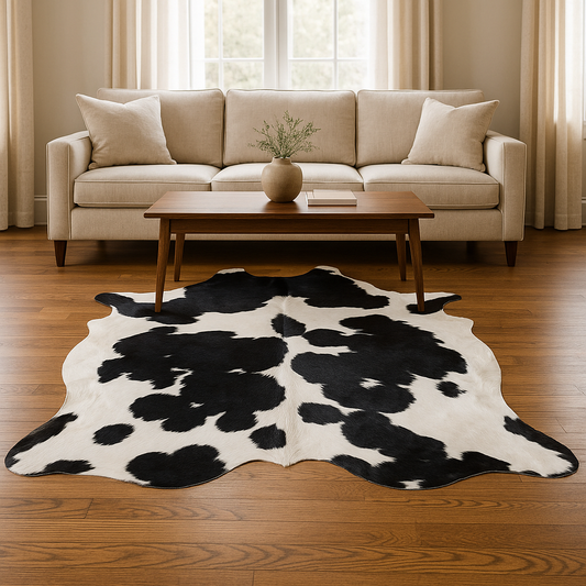White & Black Cowhide Rug – Genuine Hair-On Leather (25–30 sq. ft.) by Qadam