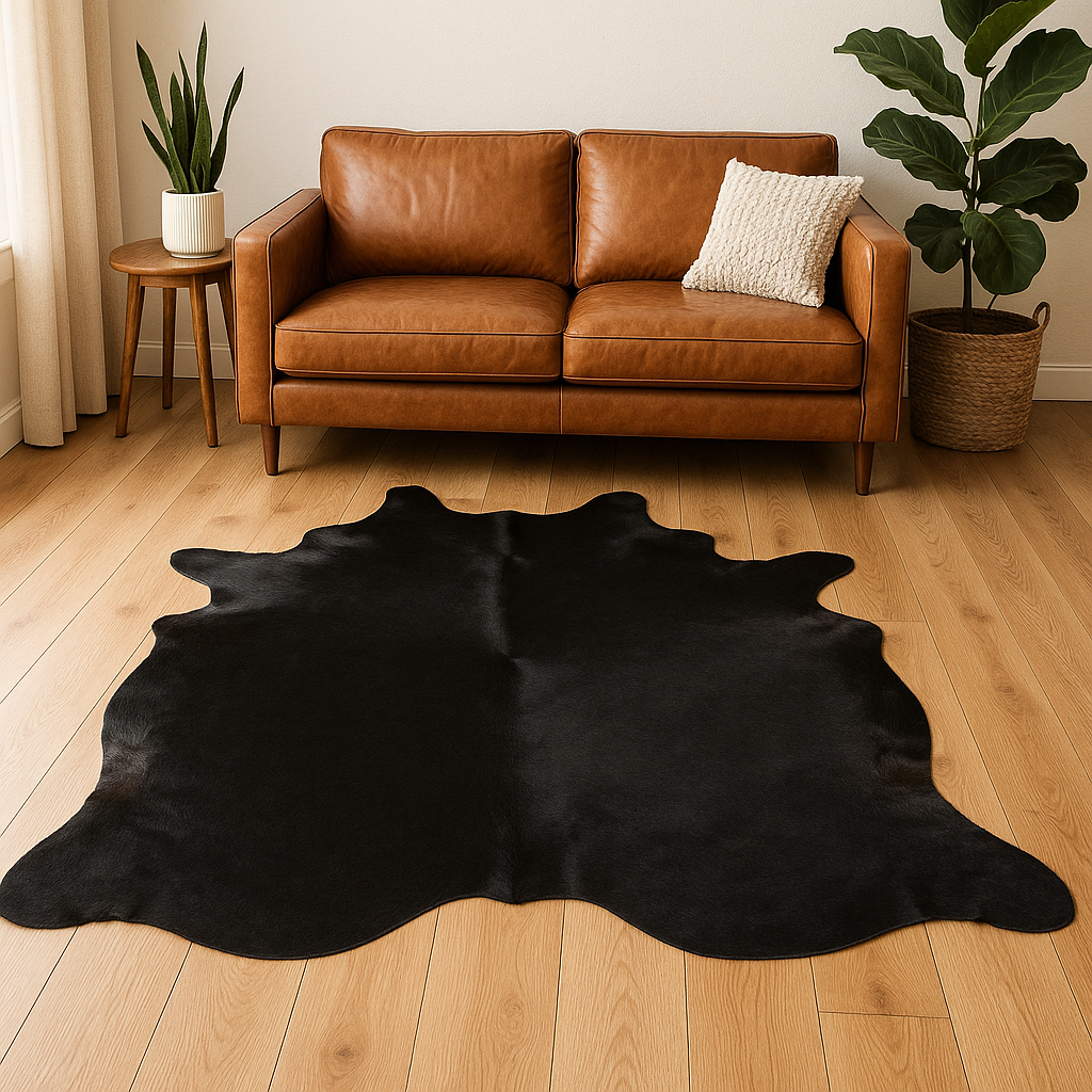 Black Plain Cowhide Rug – Luxury Hair-On Leather (25–30 sq. ft.) by Qadam