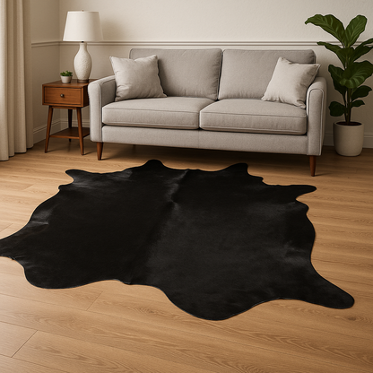 Black Plain Cowhide Rug – Luxury Hair-On Leather (25–30 sq. ft.) by Qadam