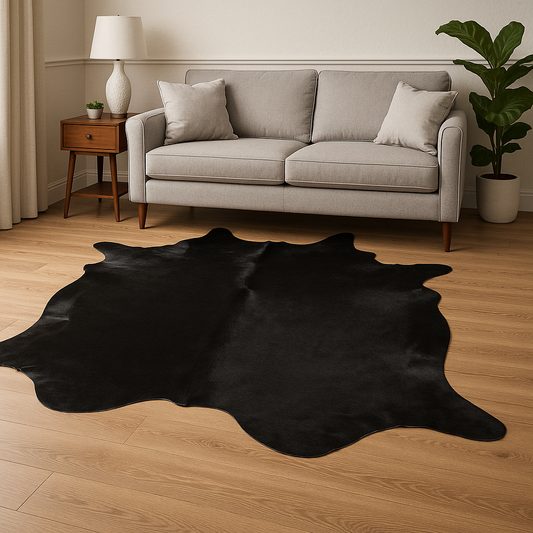 Black Plain Cowhide Rug – Luxury Hair-On Leather (25–30 sq. ft.) by Qadam