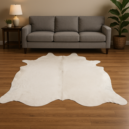 White Plain Cowhide Rug – Minimalist Genuine Leather Elegance (25–30 sq. ft.)